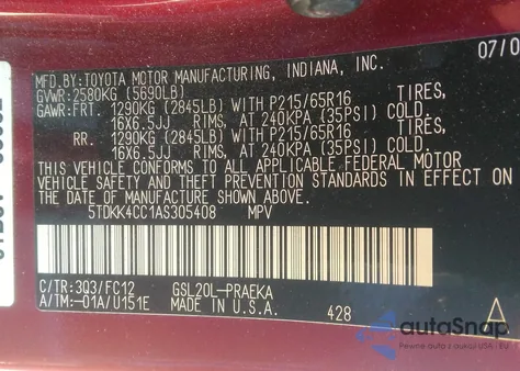 2010 Toyota Sienna Le from USA, damaged, VIN 5TDKK4CC1AS305408